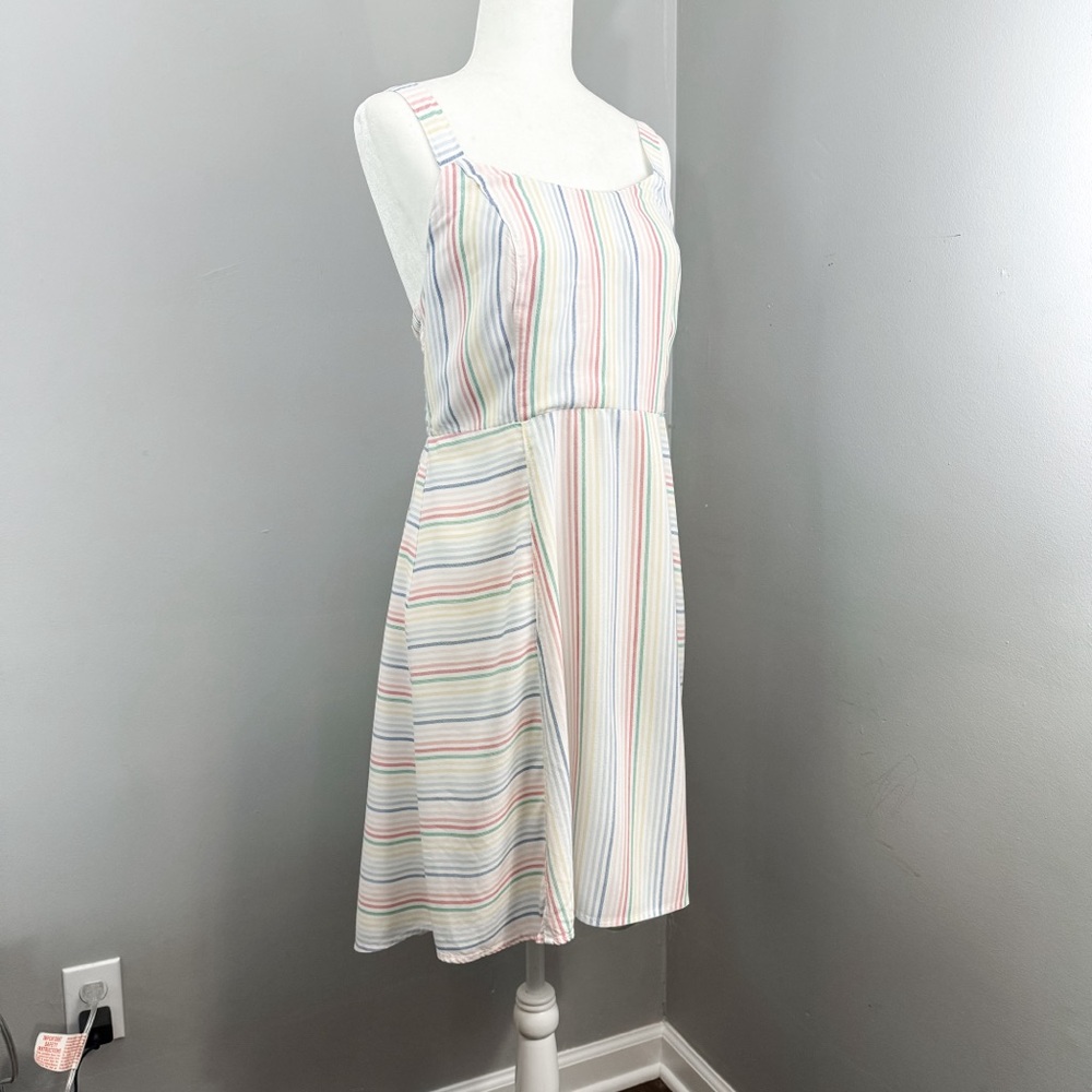 So Striped Woven Linen Dress Size Large Knee Length Sleeveless Smocked